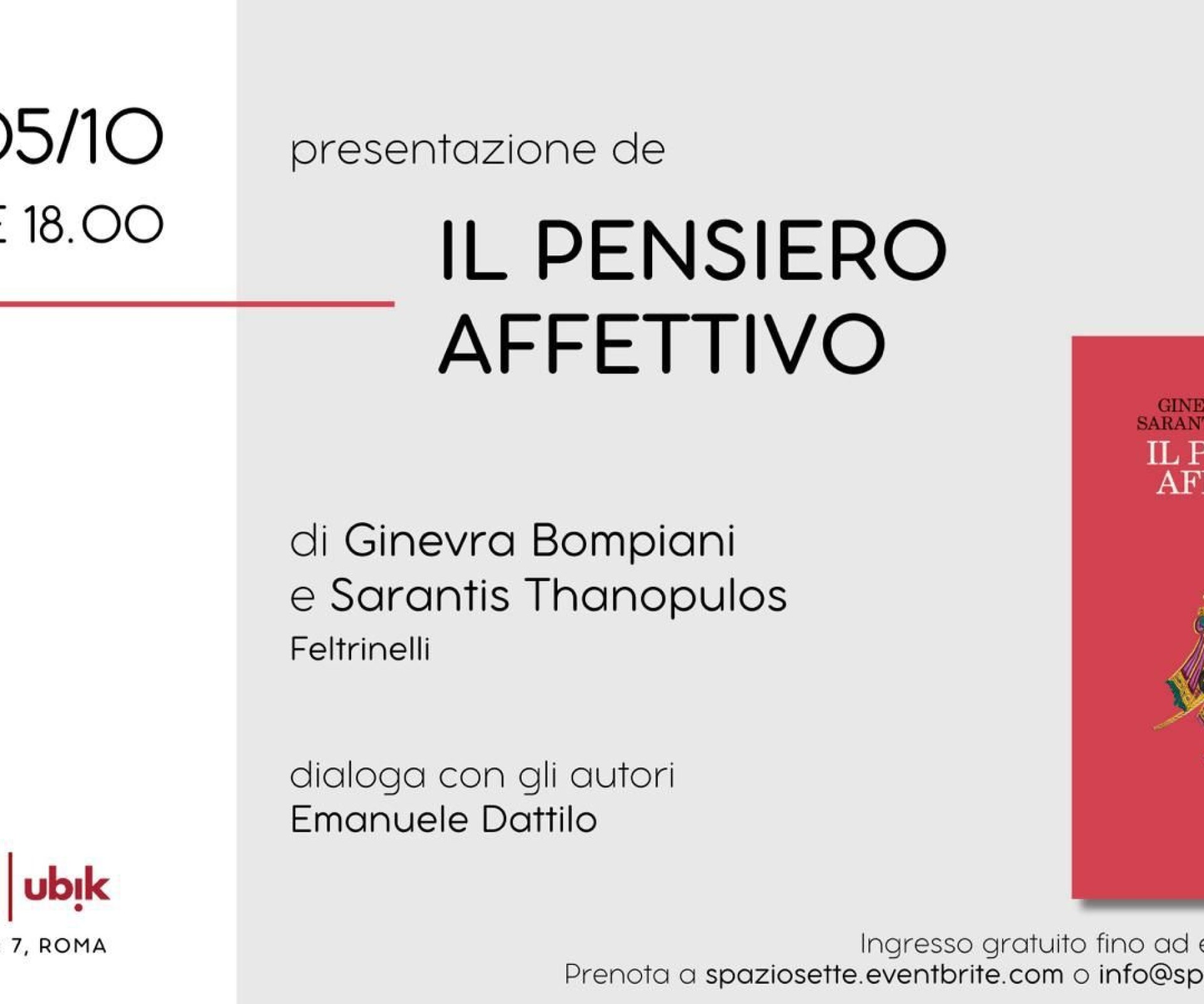 SABATO 5 OTTOBRE ORE 18 - SPAZIO SETTE LIBRERIA